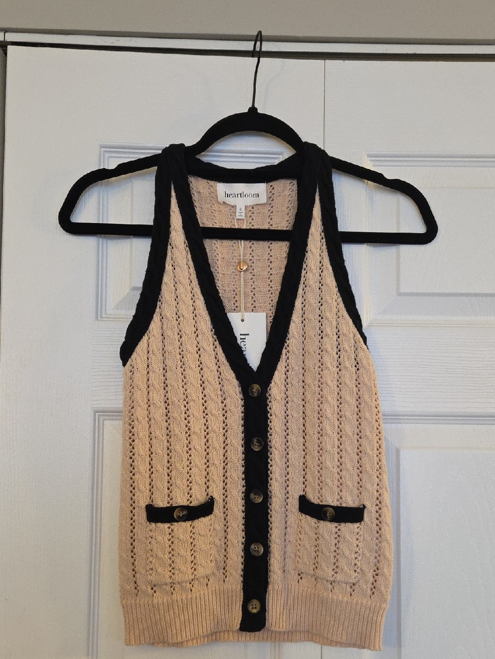 Heartloom Beige Knit Vest with Black Trim